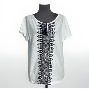 Talbots Embroidered Top Women L White Cotton Jersey Short Sleeve